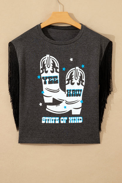 Carbon Grey YEE HAW Boots STATE OF MIND Fringed Sleeve Tee