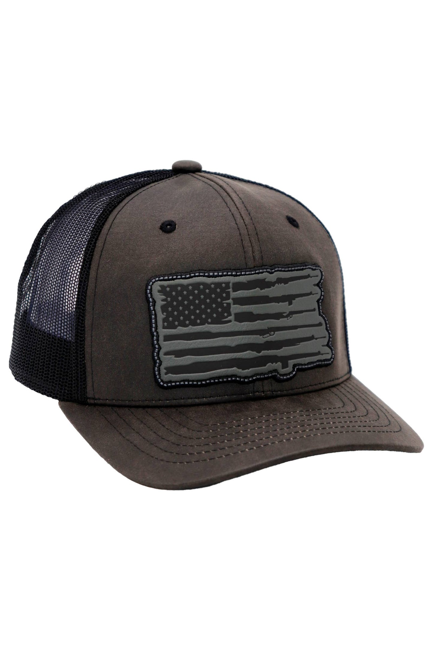 Rifle American Flag Oiled Faux Leather Trucker Hat