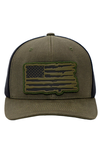 Rifle American Flag Oiled Faux Leather Trucker Hat