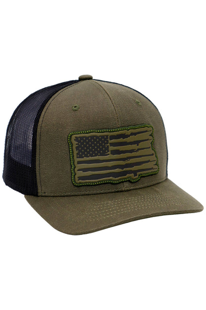 Rifle American Flag Oiled Faux Leather Trucker Hat